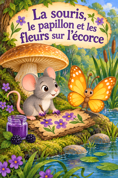 La souris, le papillon et les fleurs sur l’écorce