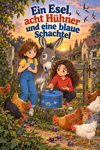 Ein Esel, acht Hühner und eine blaue Schachtel