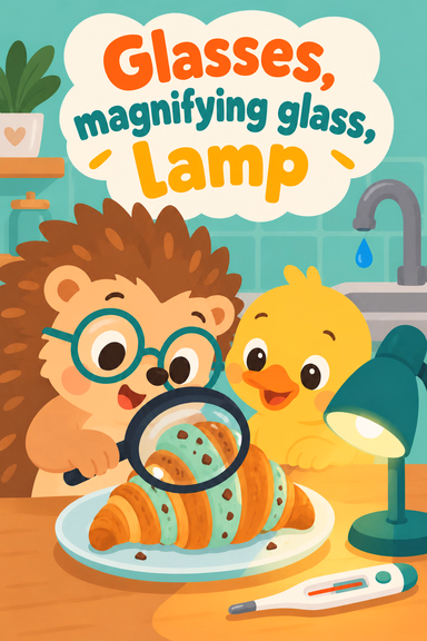 Glasses, magnifying glass, lamp
