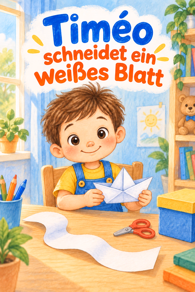 Timéo schneidet ein weißes Blatt