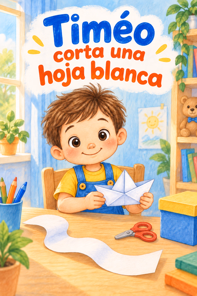 Timéo corta una hoja blanca