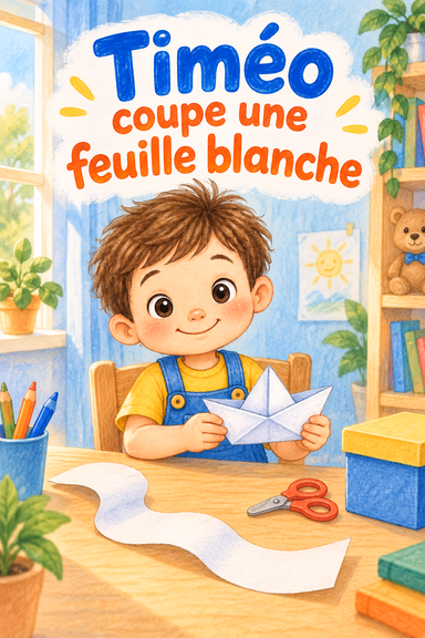 Timéo coupe une feuille blanche