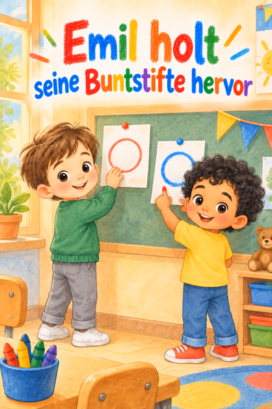 Emil holt seine Buntstifte hervor