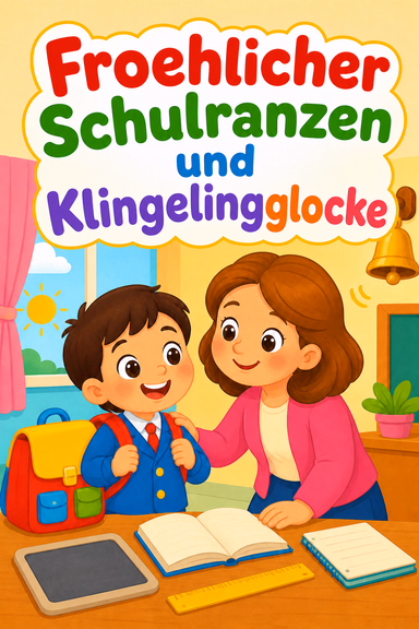 Froehlicher Schulranzen und Klingelingglocke