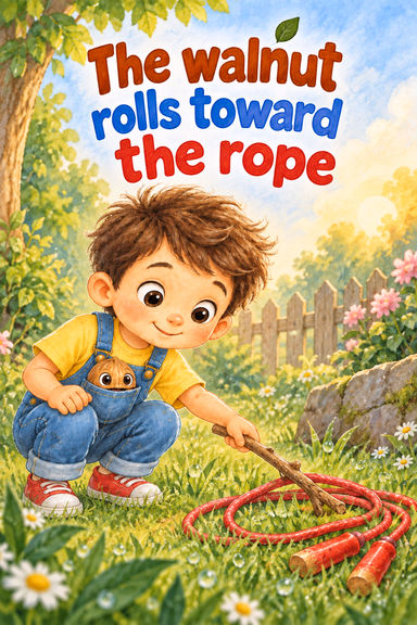The walnut rolls toward the rope
