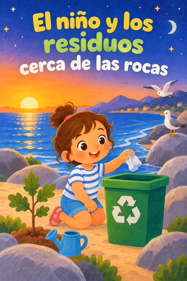 El niño y los residuos cerca de las rocas