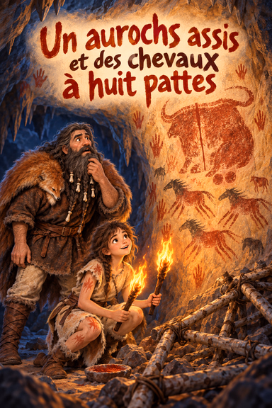 Un aurochs assis et des chevaux à huit pattes